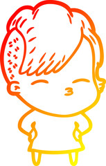 warm gradient line drawing of a cartoon squinting girl