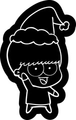 happy quirky cartoon icon of a boy waving wearing santa hat