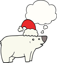 cartoon bear wearing christmas hat with thought bubble