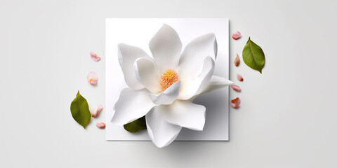 Blank white card in the center with magnolia flower, white background top view, AI Generated