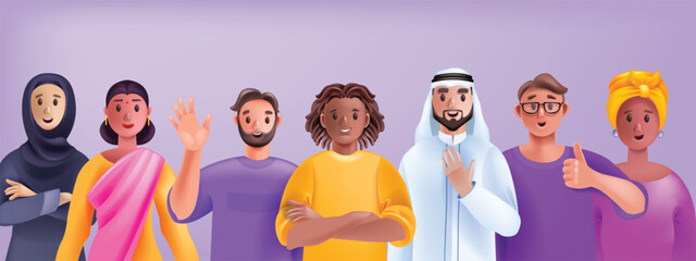 3D diverse people avatar set, business person vector group, multicultural character student crowd. Office team, happy man, smiling woman cartoon society concept. Diverse people community work banner