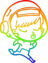 Fototapeta premium rainbow gradient line drawing of a cartoon pretty astronaut girl running