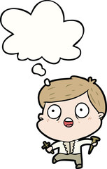 cartoon man hunting vampires with thought bubble