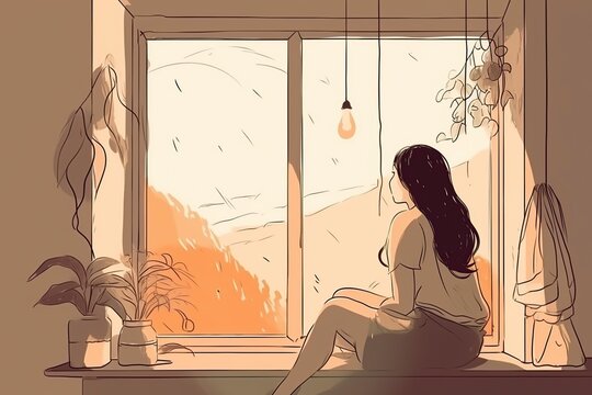 Illustration, A Girl Looks Outdoors Sitting At The Window, Ai Generative