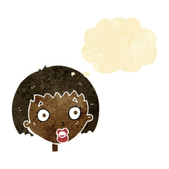 cartoon surprised female face with thought bubble