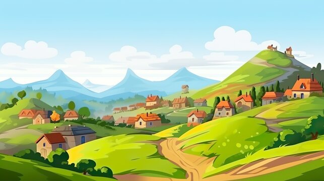 Background village on a hill. A village on a hill with beautiful scenery and nature with an exciting banner on a scenic background. Generative AI.