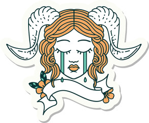 sticker of a crying tiefling character face with scroll banner