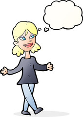 cartoon woman with no worries with thought bubble