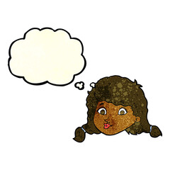 cartoon pretty female face with thought bubble