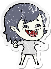 distressed sticker of a cartoon laughing vampire girl