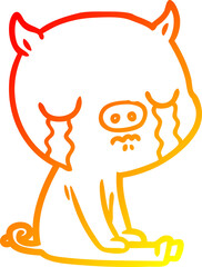 warm gradient line drawing of a cartoon pig crying