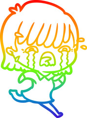 rainbow gradient line drawing of a cartoon girl crying