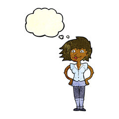 cartoon woman with hands on hips with thought bubble