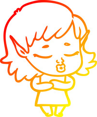 warm gradient line drawing of a shy cartoon elf girl