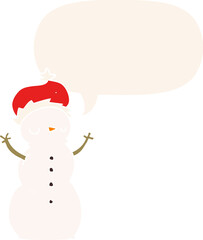 cartoon snowman with speech bubble in retro style