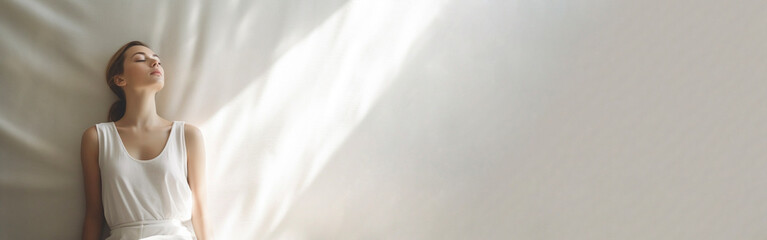 Portrait of a woman practising mindfulness in a studio. Female meditating, feeling calm and relaxed. Minimalistic and elegant style banner with copy space. Generative AI