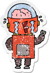 distressed sticker of a cartoon crying robot