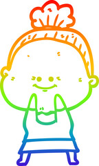 rainbow gradient line drawing of a cartoon happy old woman
