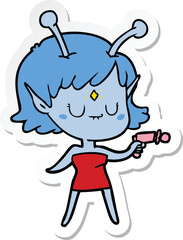 sticker of a cartoon alien girl with ray gun