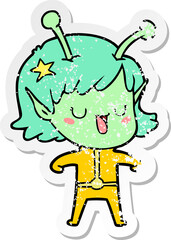 distressed sticker of a happy alien girl cartoon