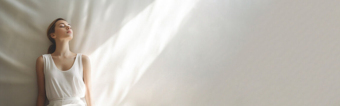 Portrait of a woman practising mindfulness in a studio. Female meditating, feeling calm and relaxed. Minimalistic and elegant style banner with copy space. Generative AI