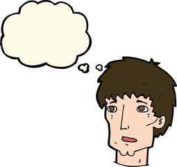 cartoon worried man with thought bubble