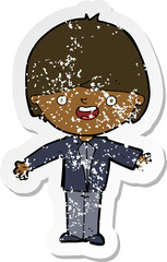 retro distressed sticker of a cartoon happy boy with open arms