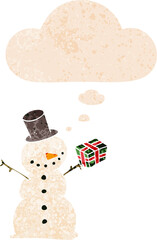 cartoon snowman with thought bubble in grunge distressed retro textured style