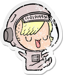distressed sticker of a cartoon astronaut woman