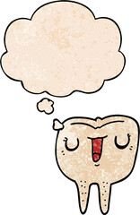 cartoon happy tooth with thought bubble in grunge texture style