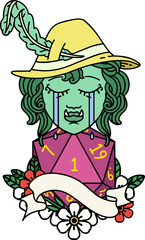 Retro Tattoo Style crying orc bard character with natural one D20 roll