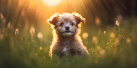 Cute puppies dog run on the grass with happiness, springtime, generative ai