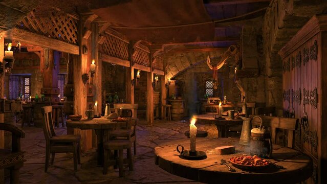 Wooden tables with food and drink in a fantasy medieval tavern, lit by flickering candlelight. Animation.