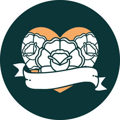 iconic tattoo style image of a heart and banner with flowers