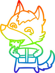 rainbow gradient line drawing of a cartoon hungry wolf holding christmas present