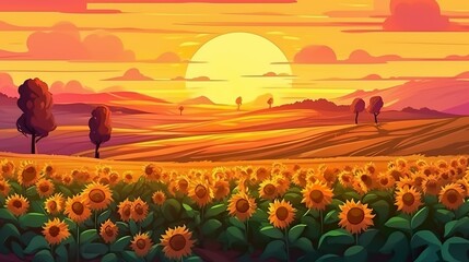 Abstract background field of sunflowers. Stunning web banner design with a captivating background depicting a field of bright sunflowers. Generative AI.