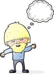 cartoon happy bearded man waving with thought bubble