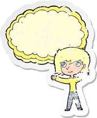 retro distressed sticker of a cartoon woman with text cloud space