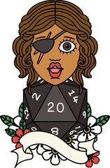 Retro Tattoo Style human rogue with natural 20 dice roll