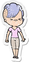 distressed sticker of a cartoon annoyed hipster girl