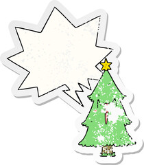 cartoon christmas tree with speech bubble distressed distressed old sticker