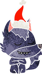 friendly hand drawn retro cartoon of a wolf sitting wearing santa hat