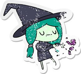 freehand drawn distressed sticker cartoon of cute kawaii witch
