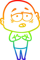 rainbow gradient line drawing of a cartoon tired bald man