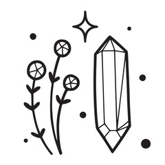 Hand drawn small crystal with a magical flowers, isolated vector illustration in line doodle style, isolated with white background