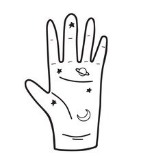 Hand drawn human palm with planets and crescent moon, predicting future lines, isolated line vector illustration with white background