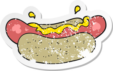retro distressed sticker of a cartoon hotdog