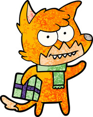cartoon grinning fox with christmas present
