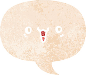happy cartoon face with speech bubble in grunge distressed retro textured style