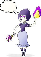 freehand drawn thought bubble cartoon vampire girl casting fireball